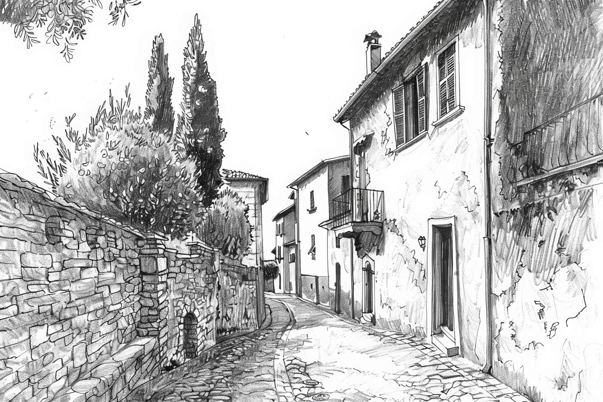 Black and white French village street design file showing detailed architectural sketch pattern