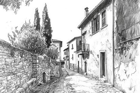 Black and white French village street design file showing detailed architectural sketch pattern