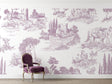 Purple Toile de Jouy wallpaper in a bright dining room showing French countryside scenes