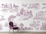 Purple Toile de Jouy wallpaper in a bright dining room showing French countryside scenes