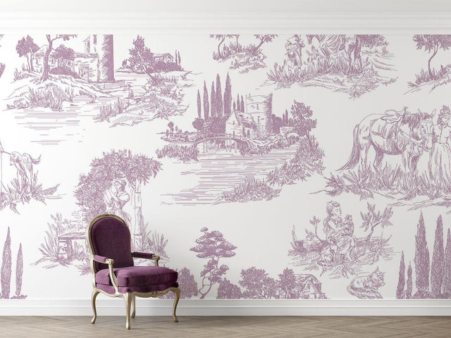 Purple Toile de Jouy wallpaper in a bright dining room showing French countryside scenes