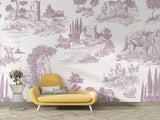French Toile wallpaper creating an elegant accent wall in master bedroom