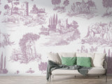 Purple French Toile pattern transforming a cozy reading nook