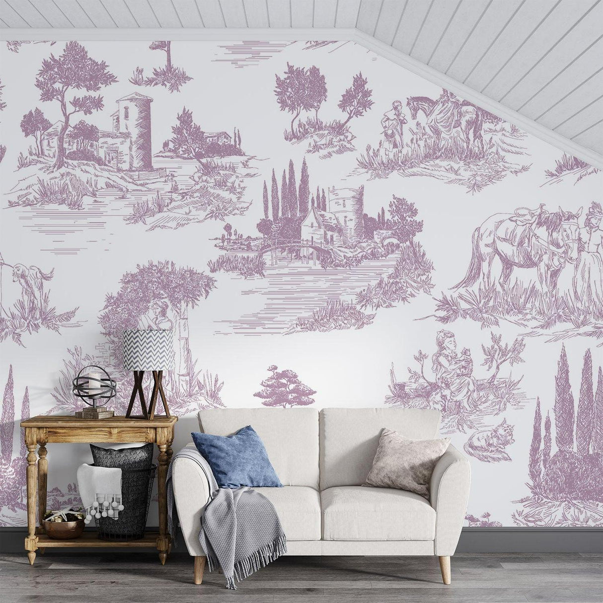 Toile de Jouy wallpaper adding elegance to a hallway entrance