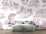 French countryside scene wallpaper in a guest bathroom setting