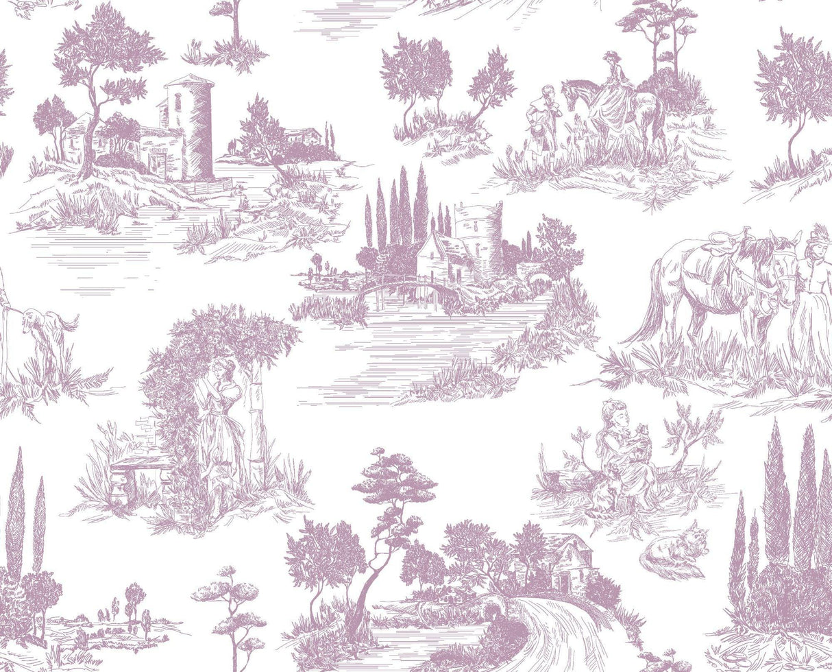 Purple Toile de Jouy pattern design file showing detailed French countryside scenes