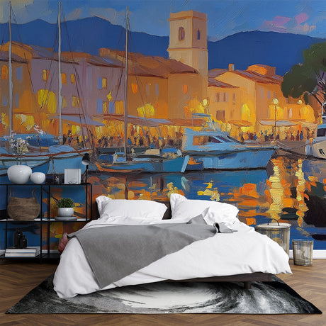 Mediterranean harbor wallpaper creating a stunning focal point in a modern living room with soft evening lighting