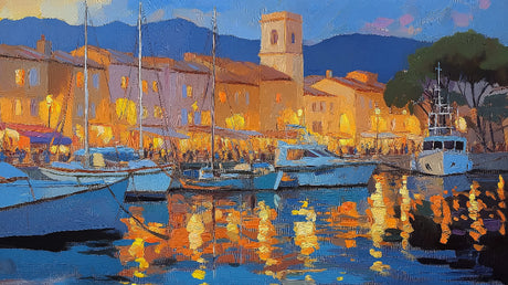 Mediterranean harbor wallpaper design file showing detailed sunset port scene with boats and architecture
