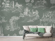 French countryside toile wallpaper in sage green creating an elegant dining room focal point