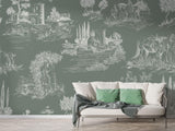French countryside toile wallpaper in sage green creating an elegant dining room focal point