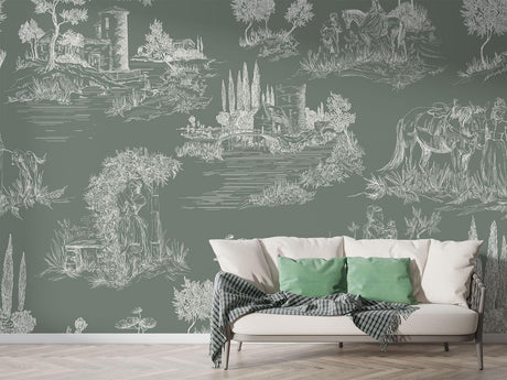 French countryside toile wallpaper in sage green creating an elegant dining room focal point