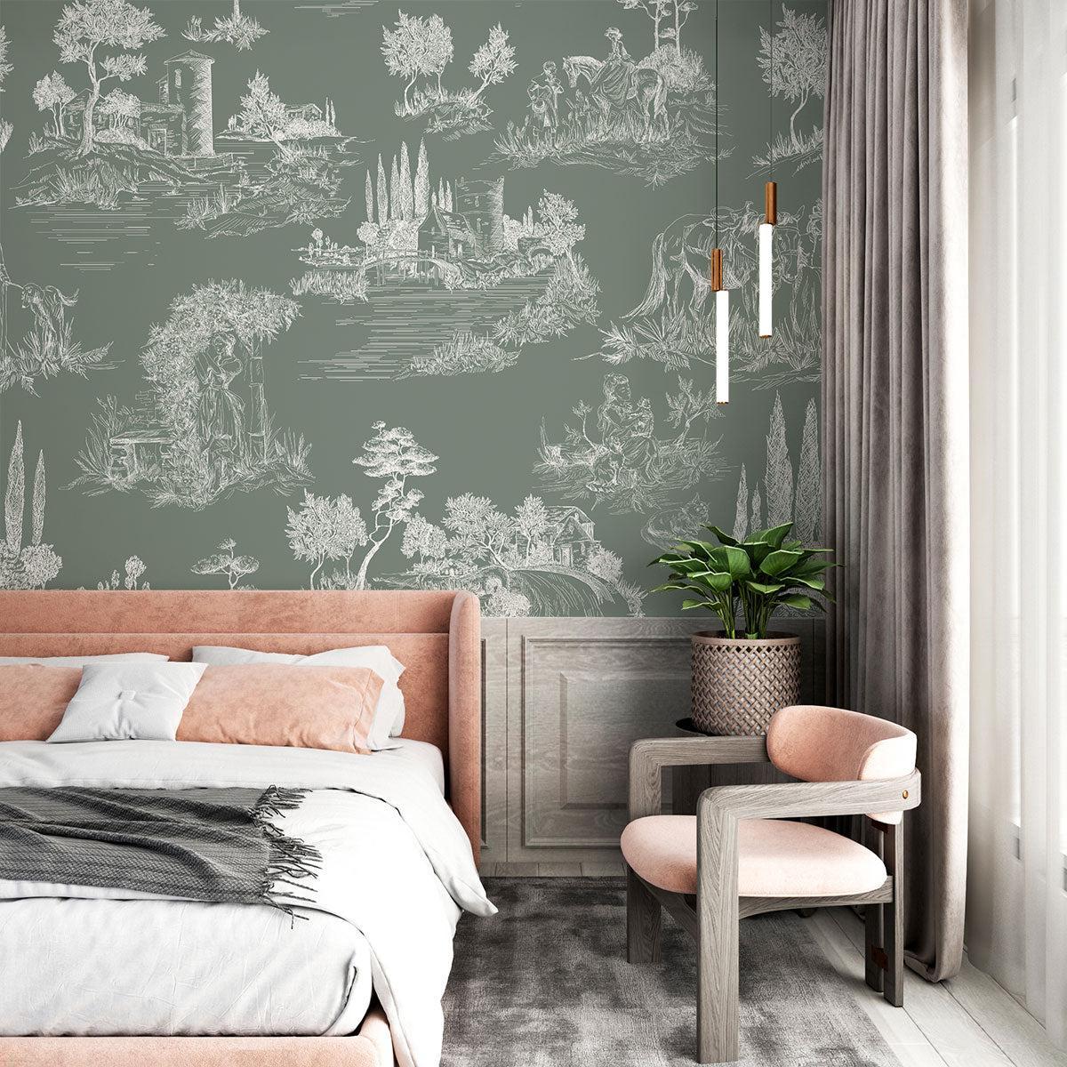 Sage green French toile mural adding charm to a master bedroom