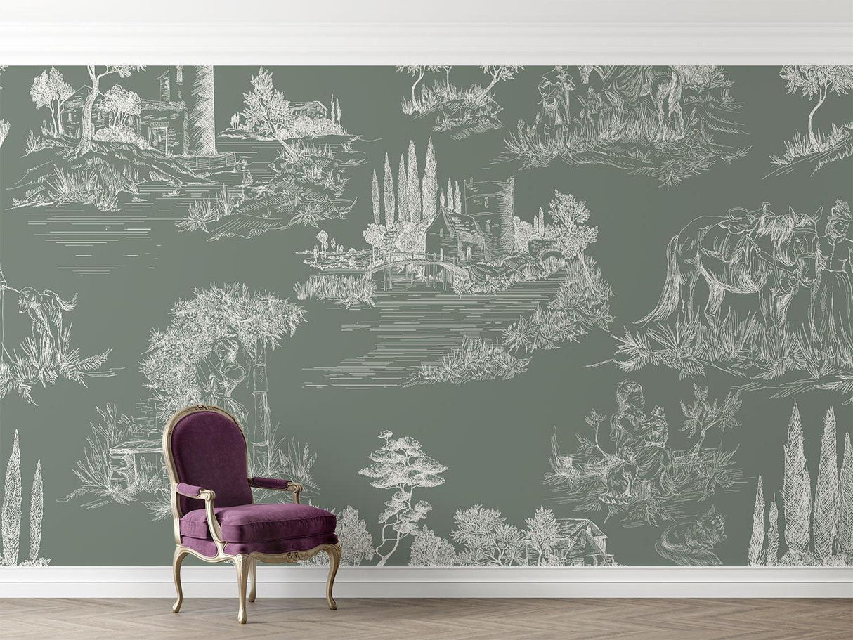 Pastoral toile wallpaper bringing countryside charm to a living room