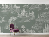Pastoral toile wallpaper bringing countryside charm to a living room