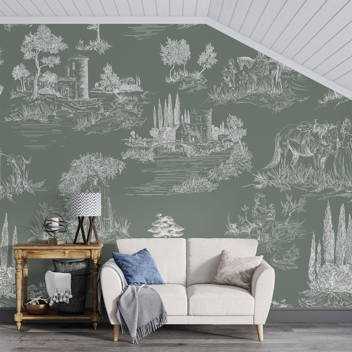 Sage green Provence wallpaper transforming an entryway with French elegance