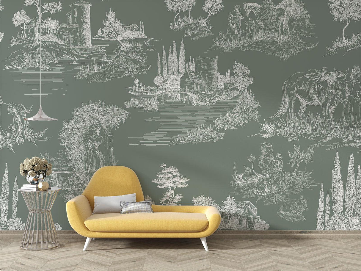 French toile mural in soft sage creating a peaceful home office atmosphere