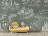 French toile mural in soft sage creating a peaceful home office atmosphere