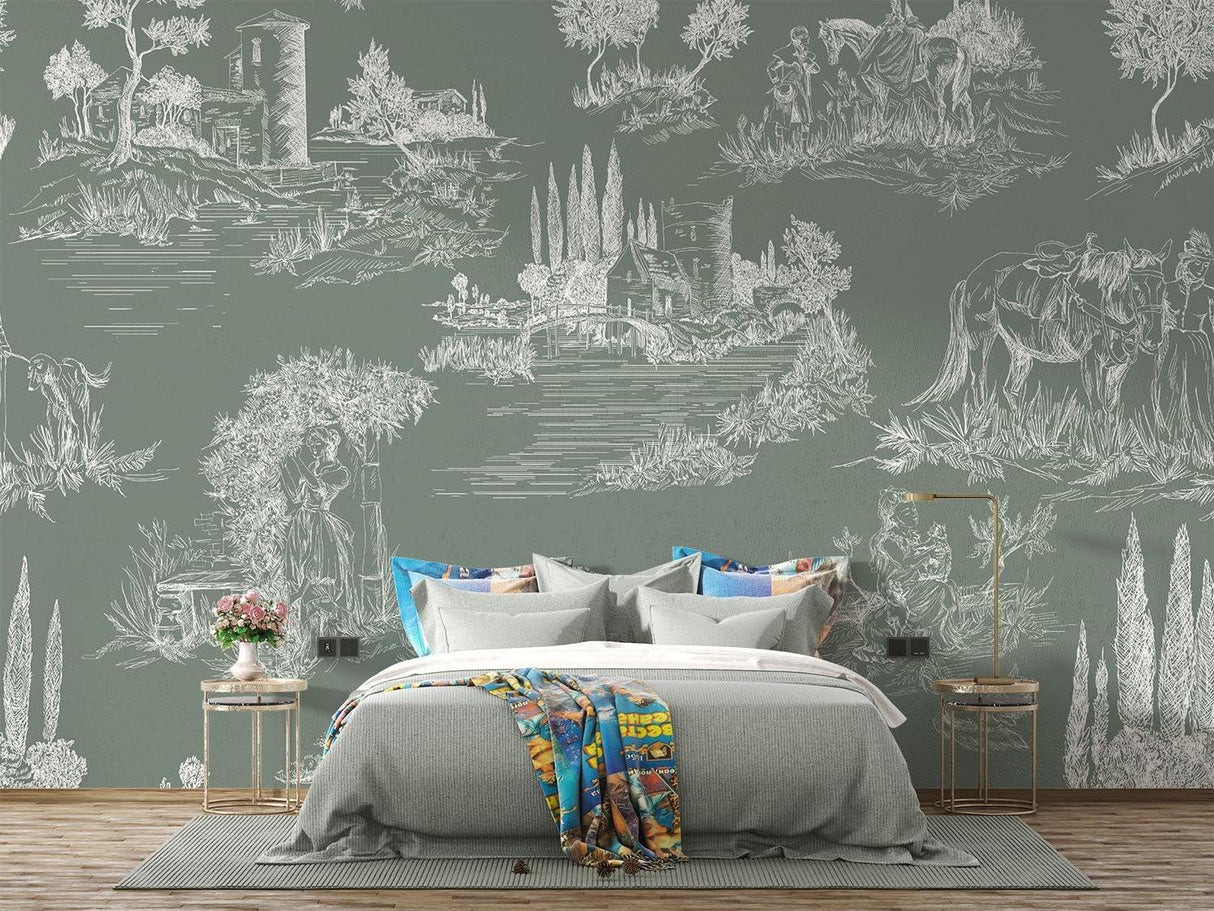 Countryside scene wallpaper adding sophistication to a powder room