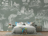 Countryside scene wallpaper adding sophistication to a powder room