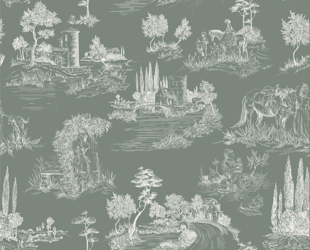Design file of French countryside toile pattern in sage green showing intricate pastoral details