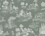 Design file of French countryside toile pattern in sage green showing intricate pastoral details