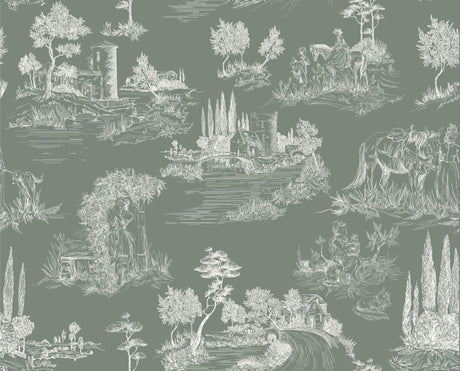 Design file of French countryside toile pattern in sage green showing intricate pastoral details