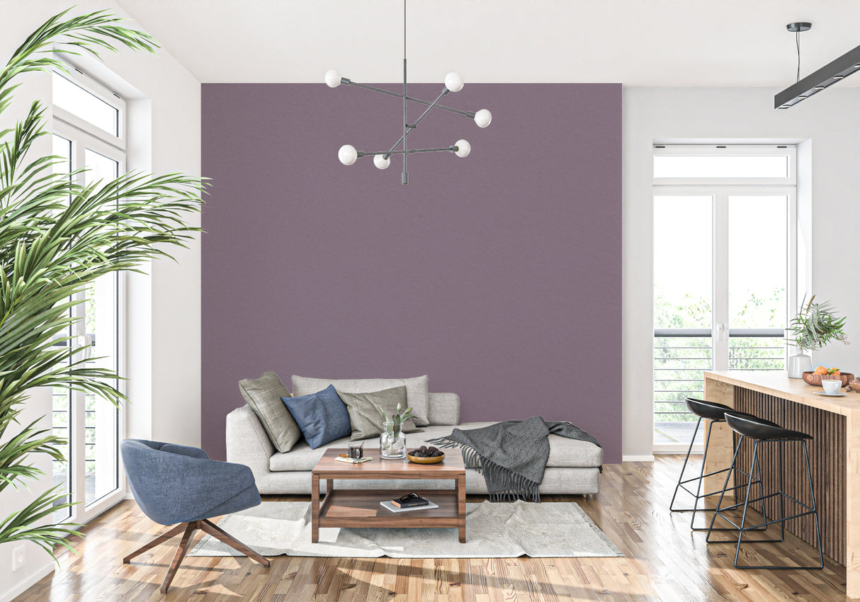 Elegant purple wallpaper in master bedroom with minimalist furniture and pendant lights