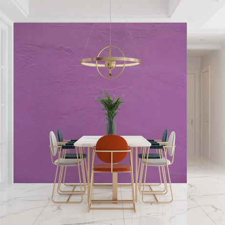 Purple textured wallpaper in modern dining room with pendant lighting highlighting the subtle surface details