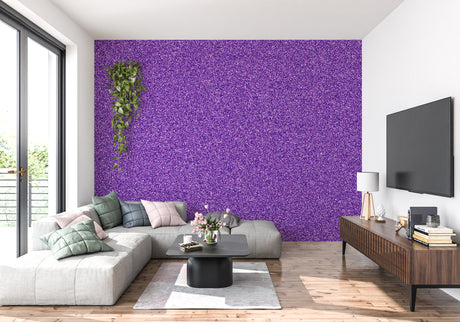 Purple glitter wallpaper creating a magical atmosphere in a modern living room with natural light highlighting the shimmer effect
