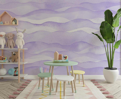 Purple wave wallpaper creating a calm atmosphere in a modern bedroom, soft lighting highlighting the flowing pattern