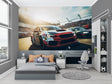 Racing car wallpaper bringing speed and excitement to a modern teen bedroom with gaming setup