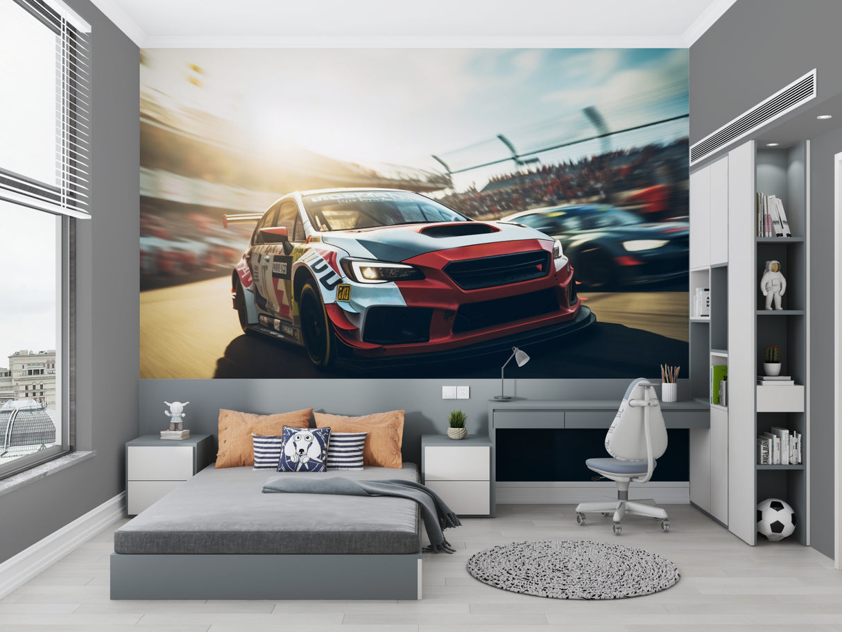 Racing car wallpaper bringing speed and excitement to a modern teen bedroom with gaming setup