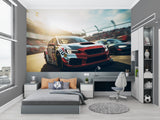 Racing car wallpaper bringing speed and excitement to a modern teen bedroom with gaming setup