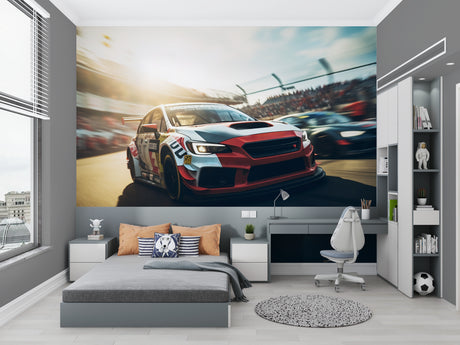 Racing car wallpaper bringing speed and excitement to a modern teen bedroom with gaming setup
