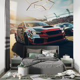 Sports car mural creating dynamic atmosphere in a contemporary game room