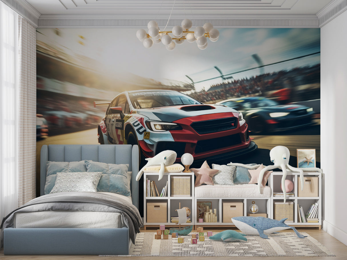 Racing themed wallpaper transforming a kids play area into an exciting space