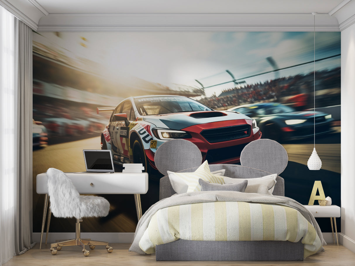 Car racing mural adding energy to a home office with red and silver accents