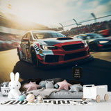 Motorsport wallpaper showcased in a modern entertainment room setting