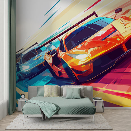 Racing car wallpaper bringing speed and style to a modern teen bedroom with orange and blue accents