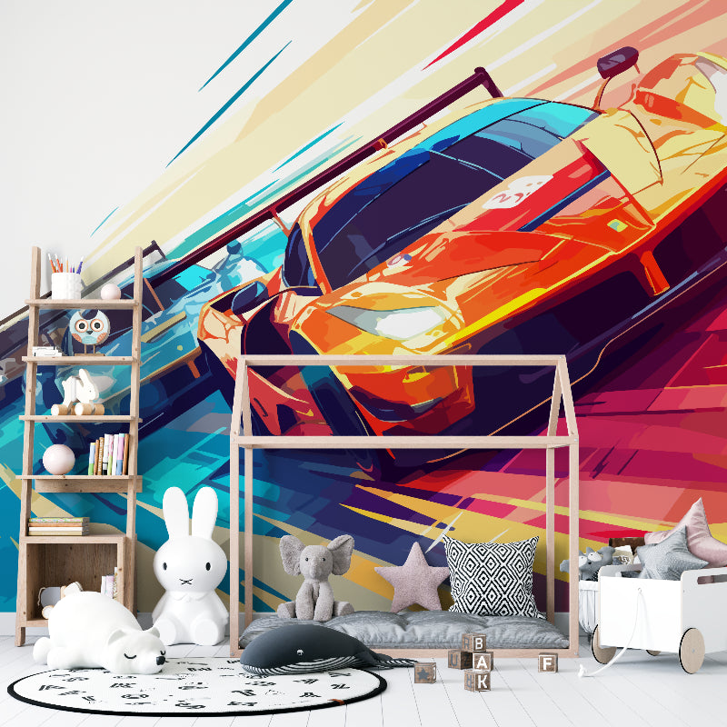 Sports car mural displayed in a gaming room creating an energetic atmosphere