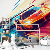 Sports car mural displayed in a gaming room creating an energetic atmosphere