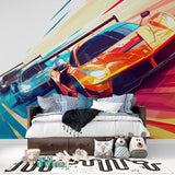 Dynamic racing wallpaper installation in a contemporary home office space