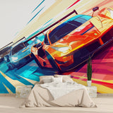 Race car wall design showcased in a modern living room setting