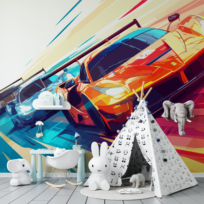 Car mural bringing excitement to a kids play area with vibrant colors