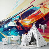 Car mural bringing excitement to a kids play area with vibrant colors