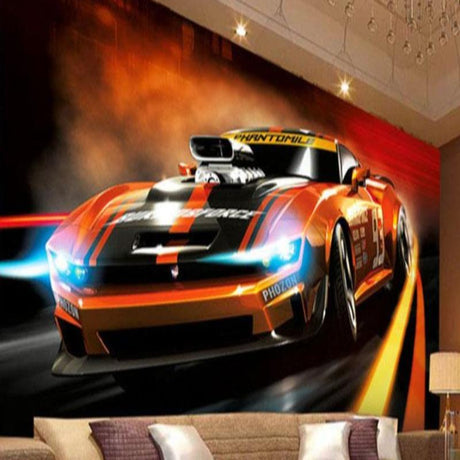 Racing car wallpaper bringing speed and excitement to a modern teen bedroom with gaming setup