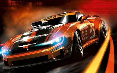 Racing car wallpaper design file showing dynamic orange and black sports car with motion effects