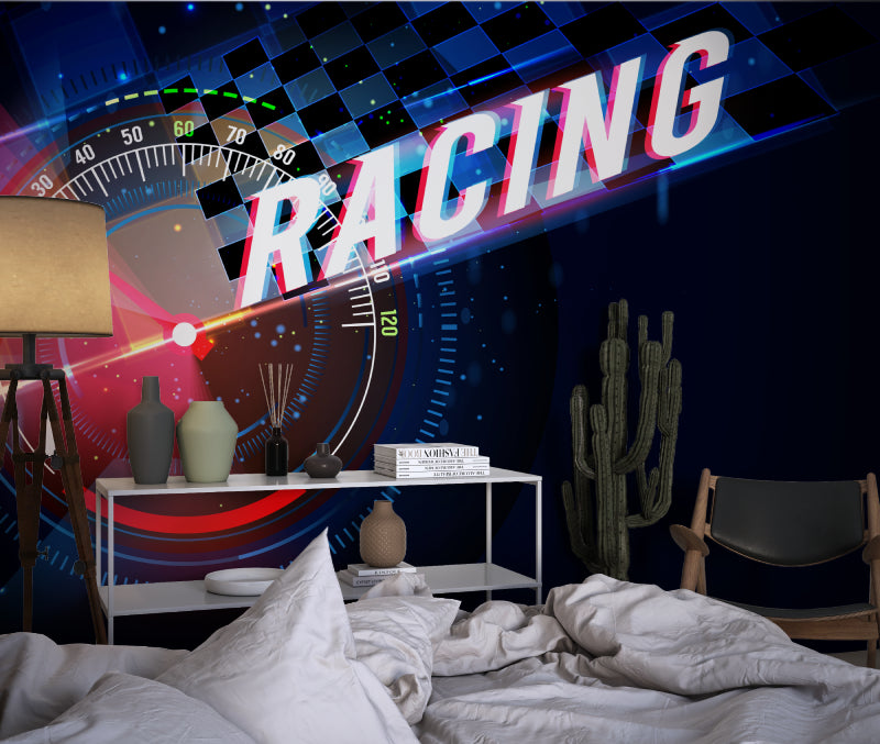 Racing car wallpaper creating dynamic atmosphere in modern teen bedroom with gaming setup