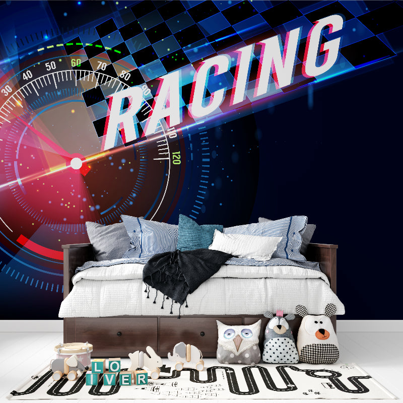 Speedometer dashboard mural in contemporary gaming room with LED lighting