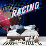 Speedometer dashboard mural in contemporary gaming room with LED lighting